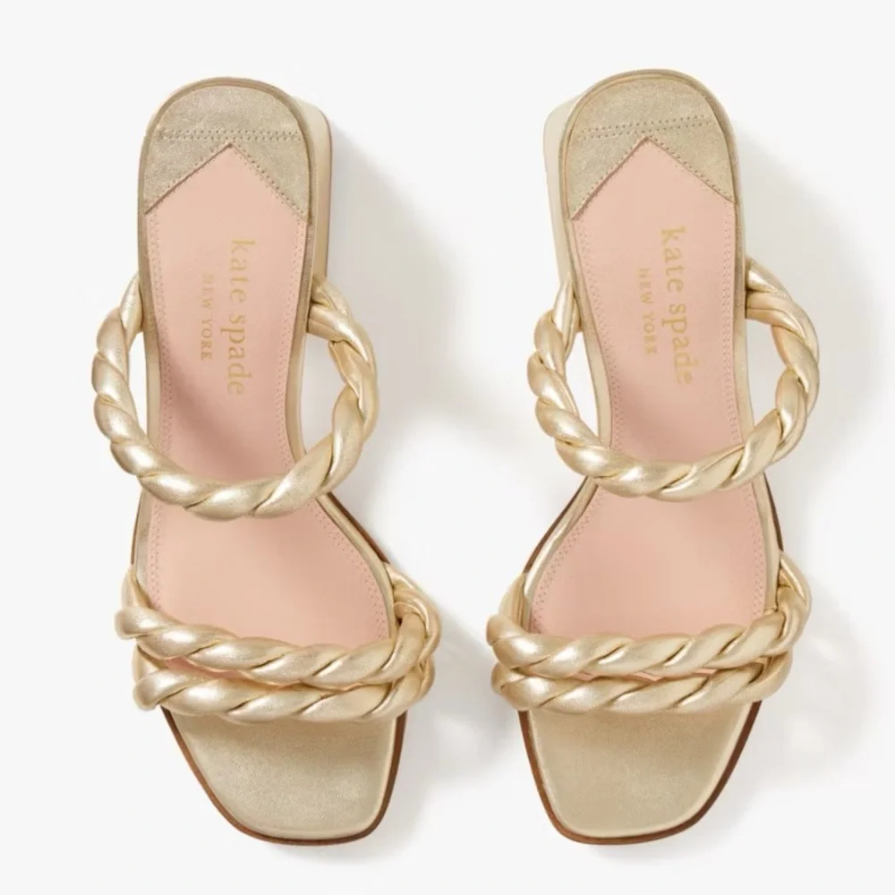 Kate Spade Nina Metallic Gold Leather Braided Block Heel Sandals Size 8 - Picture 2 of 11